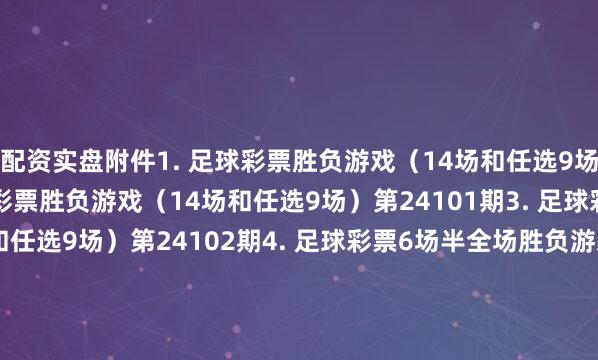 配资实盘附件1. 足球彩票胜负游戏（14场和任选9场）第24100期2. 足球彩票胜负游戏（14场和任选9场）第24101期3. 足球彩票胜负游戏（14场和任选9场）第24102期4. 足球彩票6场半全场胜负游戏第24132期5. 足球彩票6场半全场胜负游戏第24133期6. 足球彩票6场半全场胜负游戏第24134期7. 足球彩票6场半全场胜负游戏第24135期8. 足球彩票6场半全场胜负游戏第2